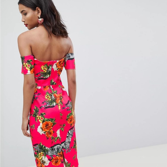 River Island Floral Zebra Print Off The Shoulder Midi Dress - Picture 2 of 7